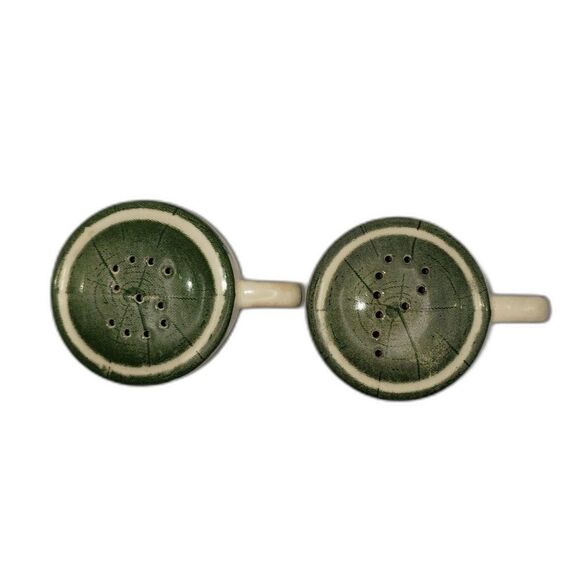 Green Ceramic Salt & Pepper Shakers Pair Mug Shaped Vintage Style Crazing Set - Picture 5 of 7